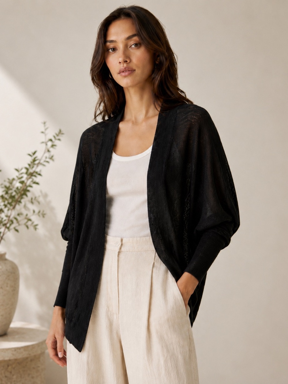 ARITZIA COMMUNITY Linen Blend Dolman Sleeve Cocoon Cardigan Black Size Small